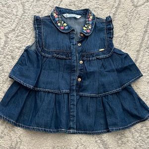 Denim top with ruffles and embroidered Flowers